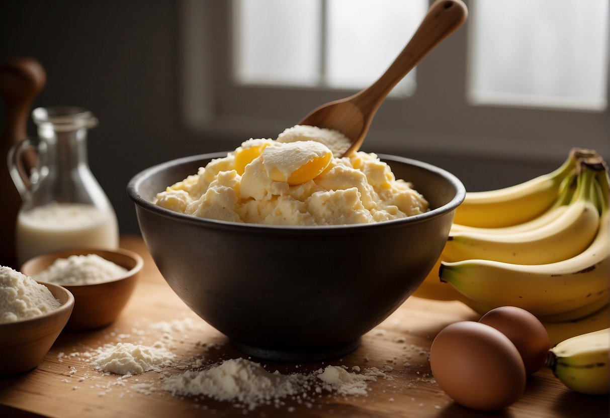A mixing bowl filled with mashed bananas, flour, sugar, and eggs. A wooden spoon stirs the ingredients together, with a recipe book open nearby