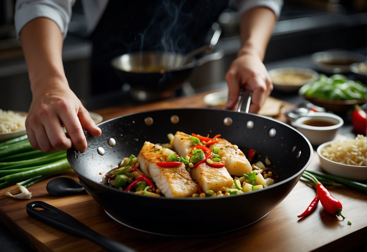 A chef stir-frying cod fish with ginger, garlic, and soy sauce in a wok over a high flame. Green onions and red chili peppers are scattered on the side