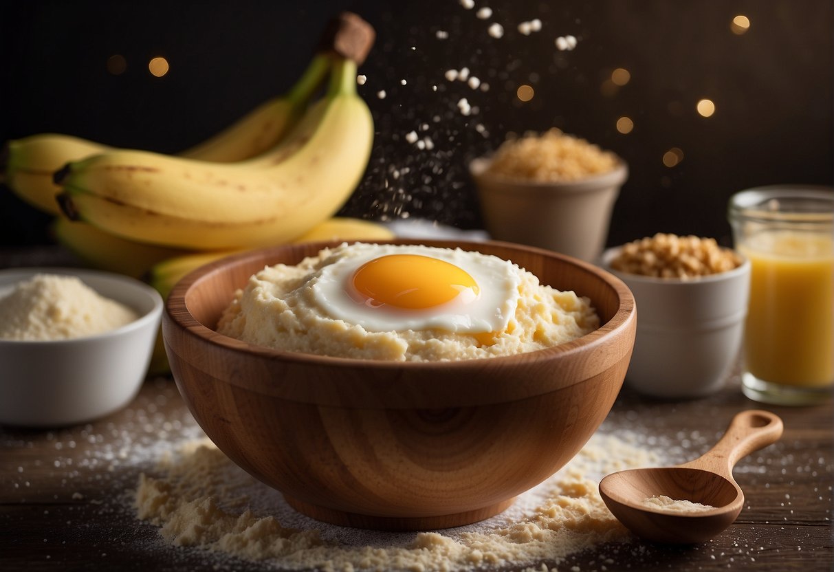 A mixing bowl with mashed bananas, flour, sugar, and eggs. A wooden spoon stirs the ingredients together, creating a smooth batter