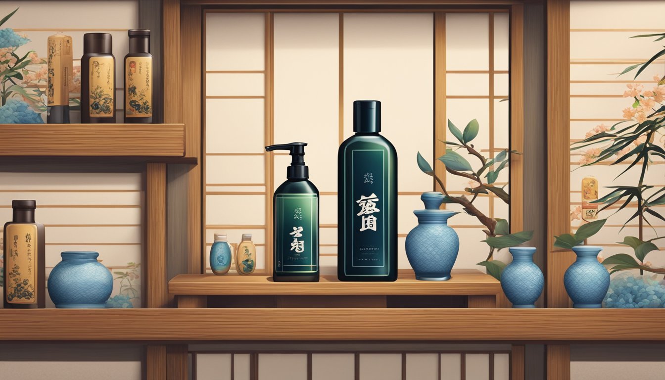 A bottle of Japanese hair tonic sits on a wooden shelf, surrounded by traditional Japanese design elements