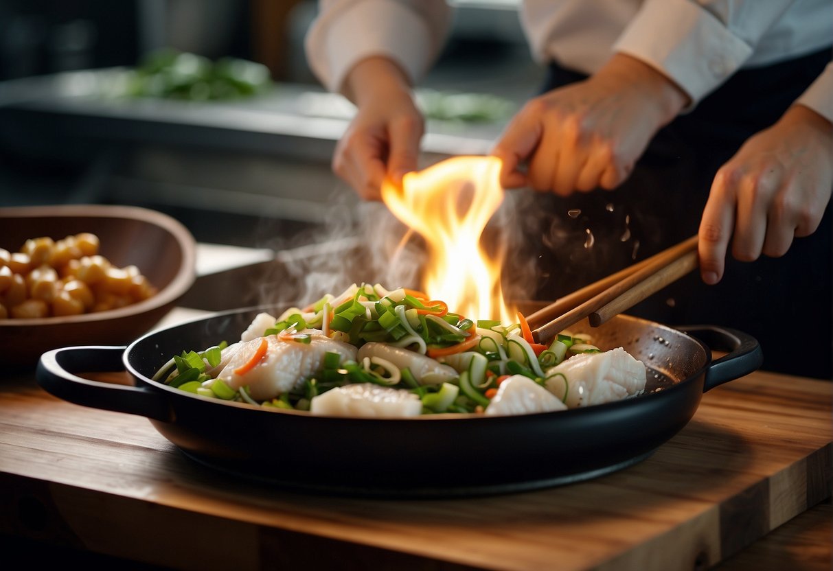 A chef prepares Chinese cod fish with ginger and scallions in a sizzling wok. Ingredients surround the chef on a wooden cutting board