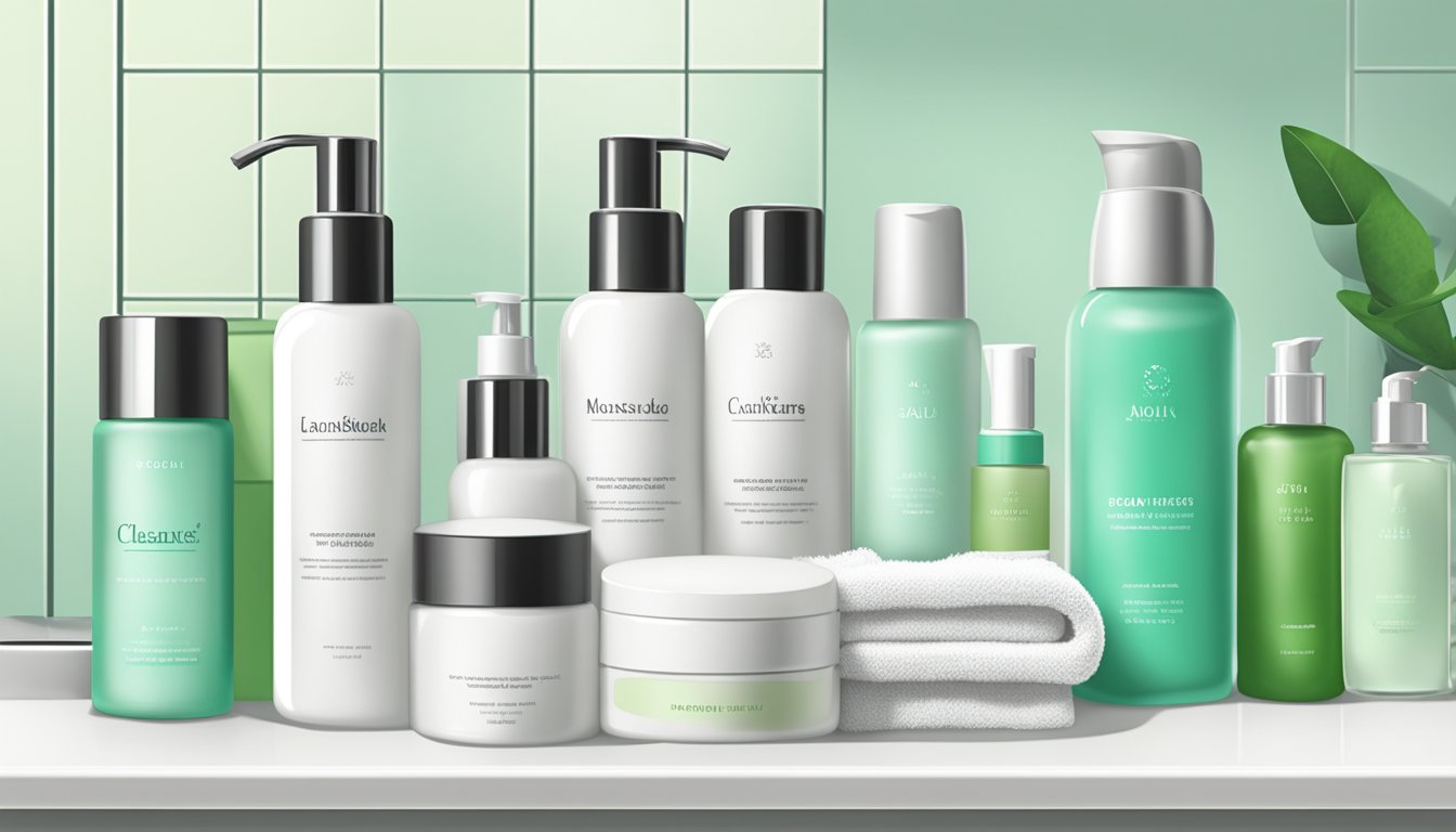 A bathroom counter cluttered with skincare products, including cleansers, serums, and moisturizers. A soft towel and a jade roller sit nearby, ready for use