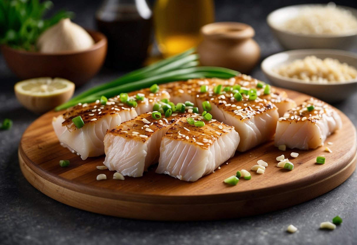A wooden cutting board with fresh cod fillets, ginger, garlic, soy sauce, green onions, and sesame oil laid out for a Chinese cod recipe