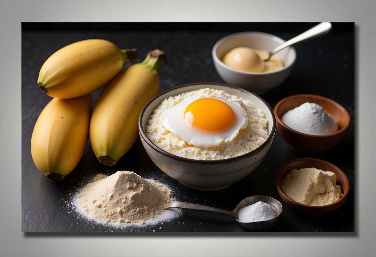 Ripe bananas, eggs, flour, sugar, and baking powder arranged on a kitchen counter. A mixing bowl, whisk, and measuring cups are nearby