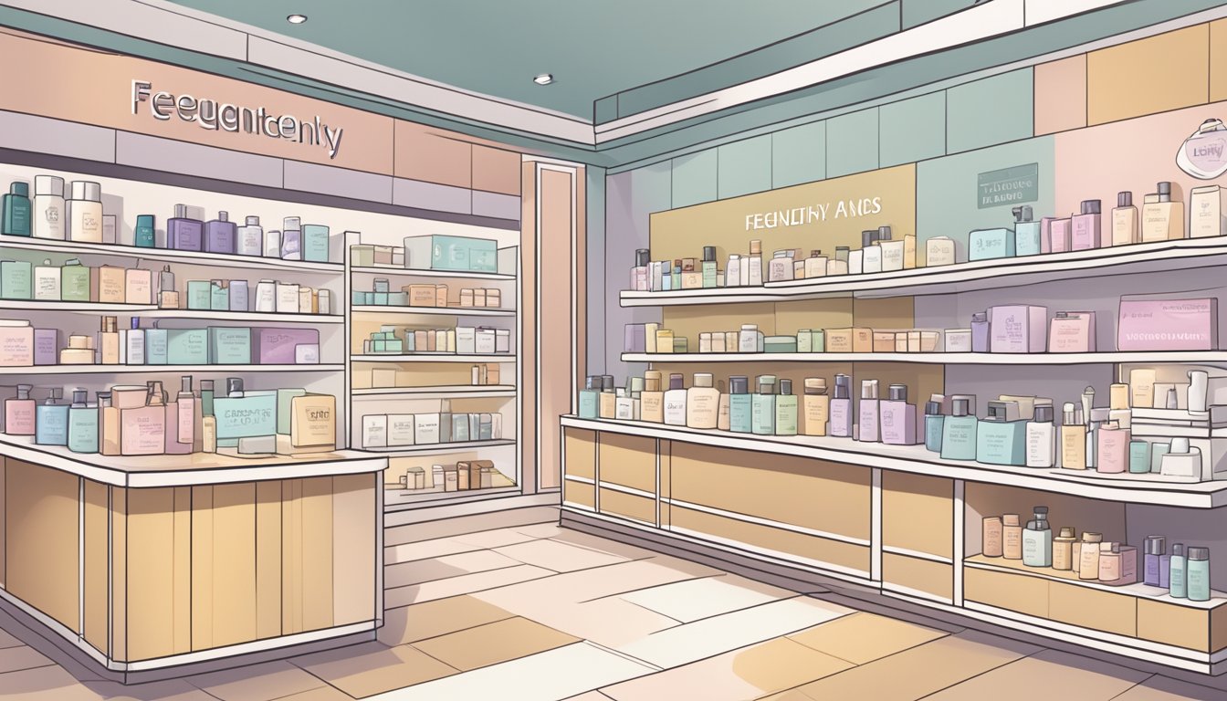 A display of skincare products with "Frequently Asked Questions" signage in a Singaporean brand store