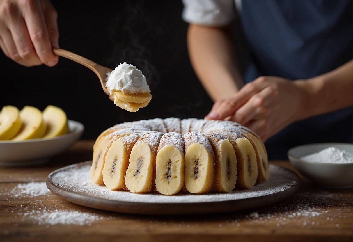A baker adds sliced bananas and powdered sugar to a freshly baked Chinese banana cake before serving