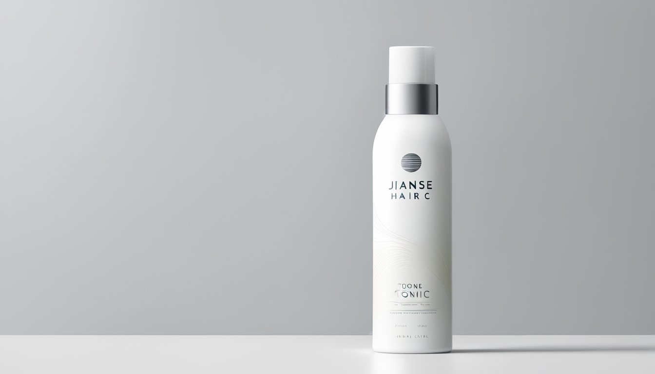 A sleek, modern bottle of Japanese hair tonic sits on a minimalist white shelf, surrounded by soft, natural lighting. The brand logo is clean and prominent, with subtle Japanese design elements
