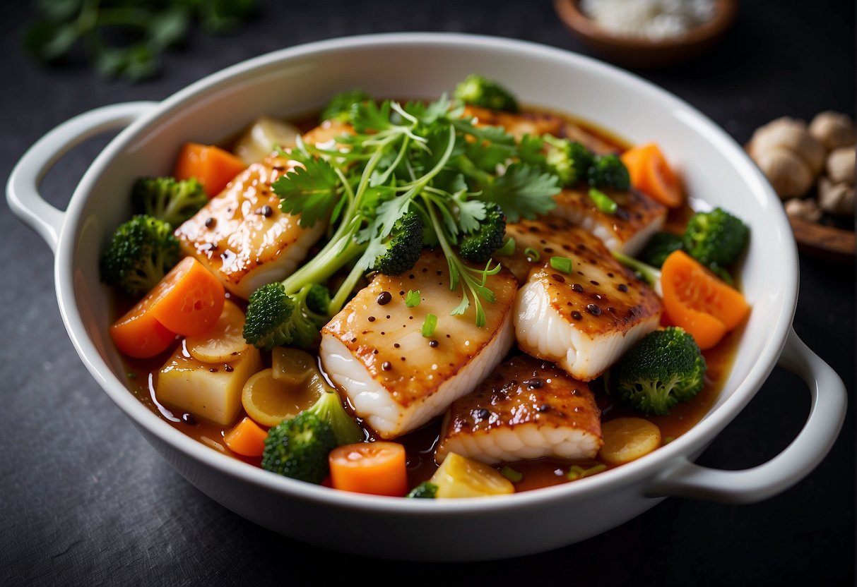 Cod fish being marinated in soy sauce, ginger, and garlic. Then stir-fried with vegetables in a wok over high heat