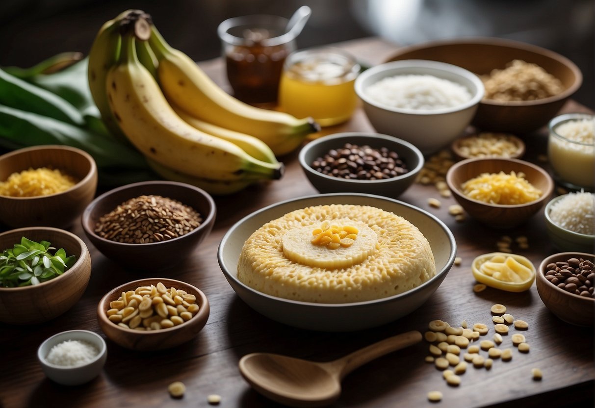 A kitchen counter with ingredients and utensils laid out to make Chinese banana cake