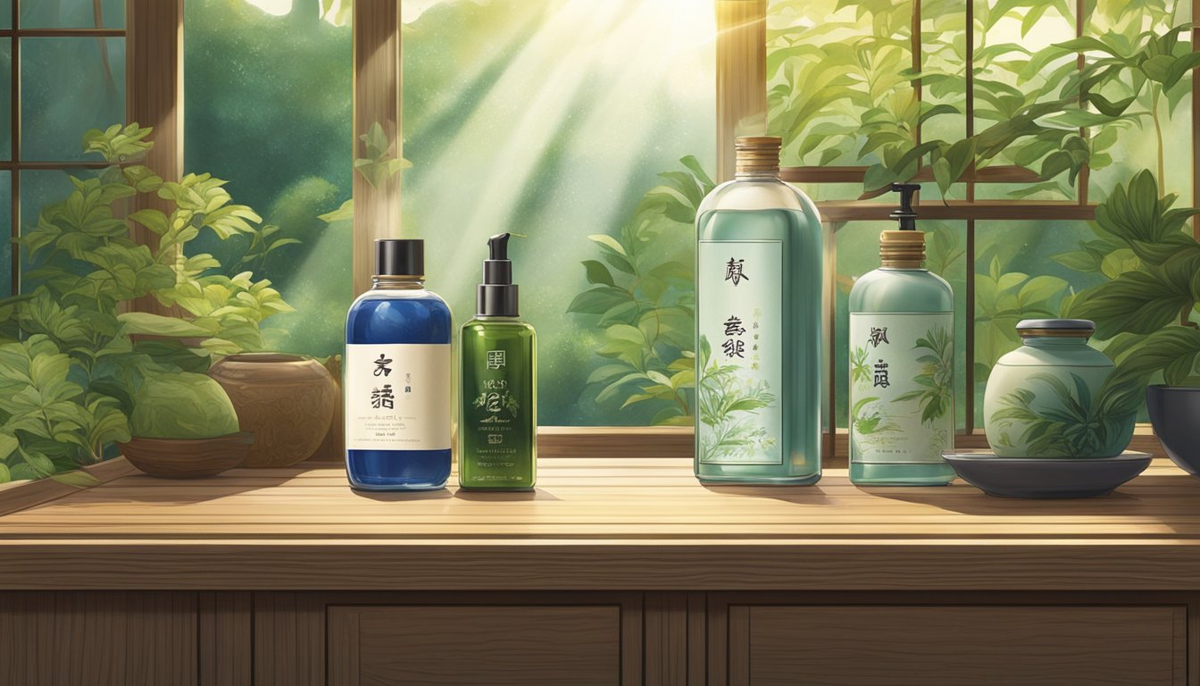 A bottle of Japanese hair tonic sits on a wooden vanity, surrounded by lush greenery and traditional Japanese decor. The sunlight streams in, casting a warm glow on the elegant packaging