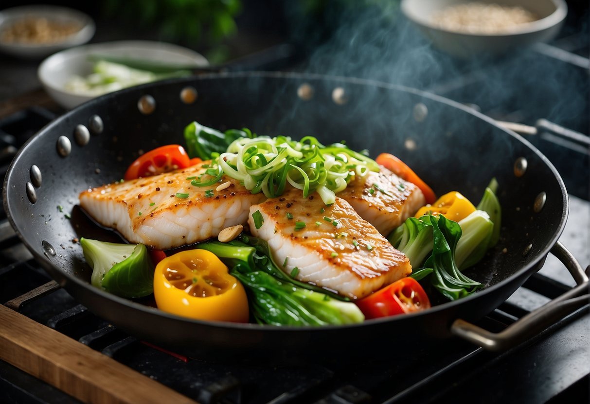 Cod fish sizzling in a wok with ginger, garlic, and soy sauce, surrounded by vibrant green bok choy and colorful bell peppers