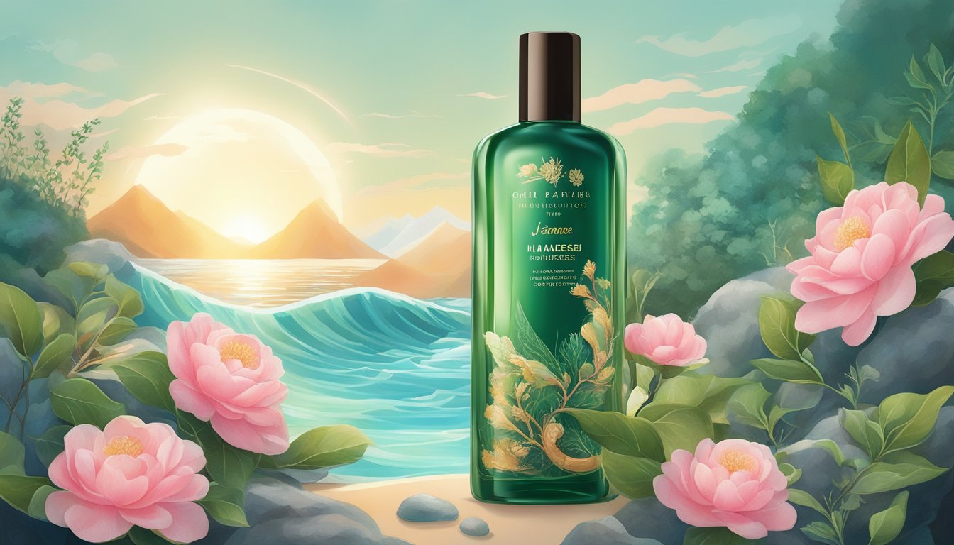 A bottle of Japanese hair tonic surrounded by ginseng, camellia oil, and seaweed. Each ingredient emits a glowing aura, symbolizing their revitalizing effects on hair