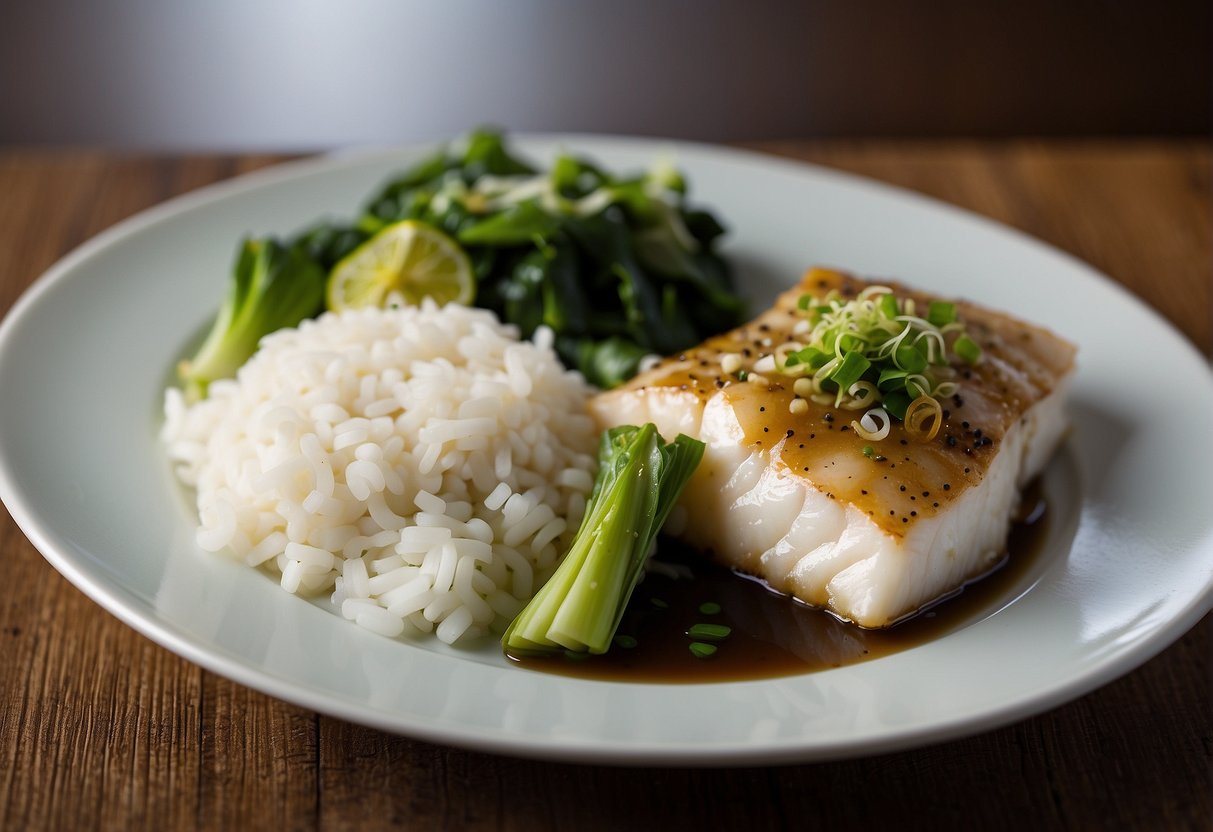 A plate of steamed cod fish with ginger, scallions, and soy sauce. Accompanied by a side of stir-fried bok choy and steamed white rice