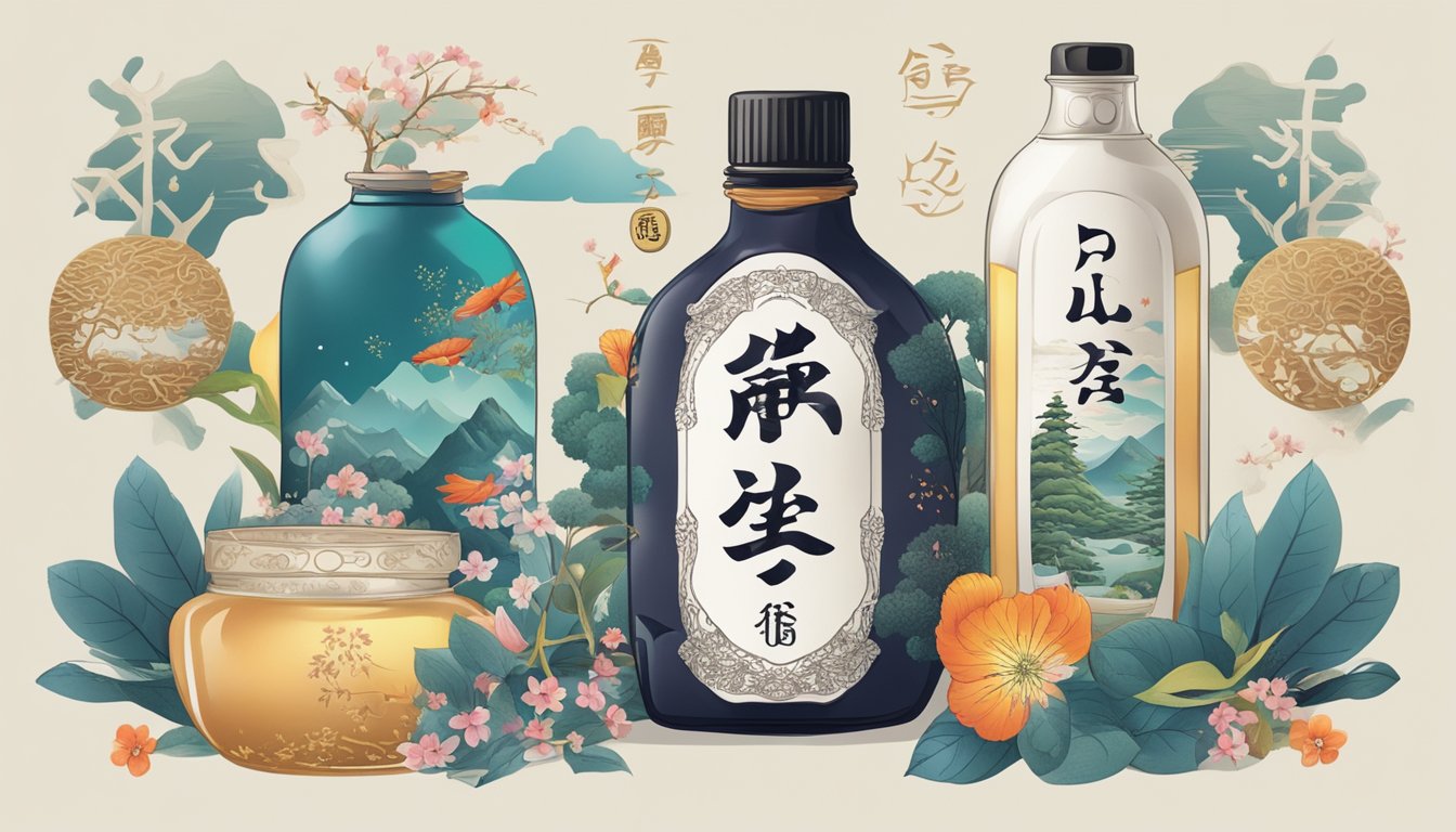 A bottle of "Frequently Asked Questions" hair tonic from Japan, surrounded by traditional Japanese symbols and imagery