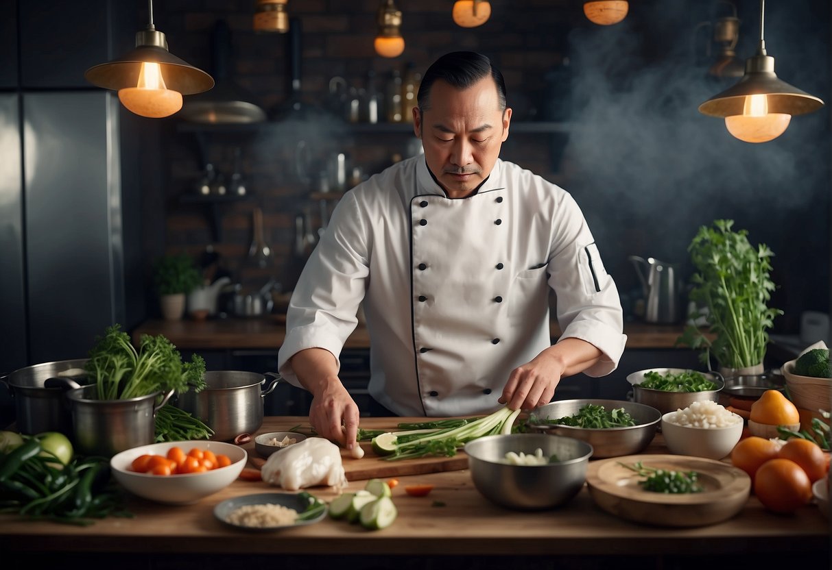 A chef prepares a Chinese cod fish recipe, surrounded by various ingredients and cooking utensils