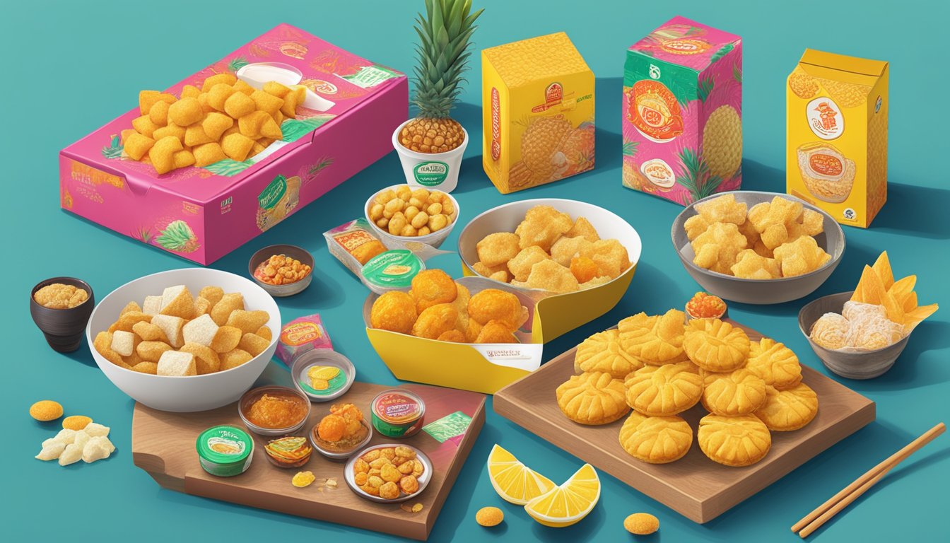 A table filled with iconic Singapore snack brands, from salted egg fish skin to pineapple tarts, surrounded by vibrant packaging and local motifs