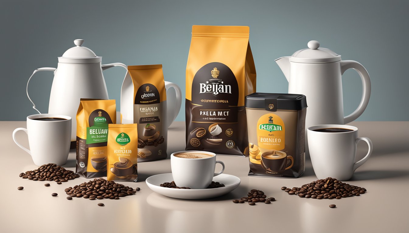 A table with various packages of Belgian coffee brands, surrounded by coffee cups and a steaming coffee pot