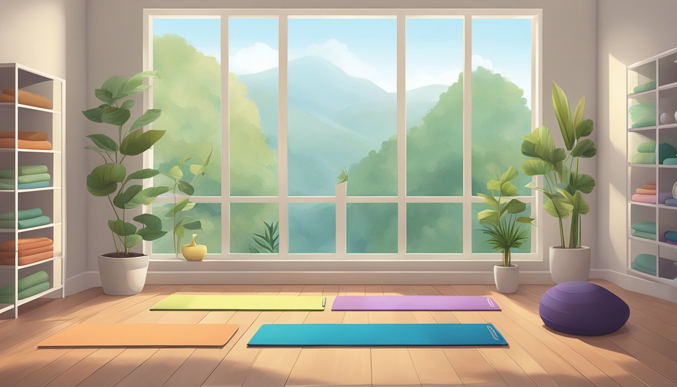 A peaceful yoga studio with shelves lined with colorful yoga mats and serene wall art depicting tranquil nature scenes