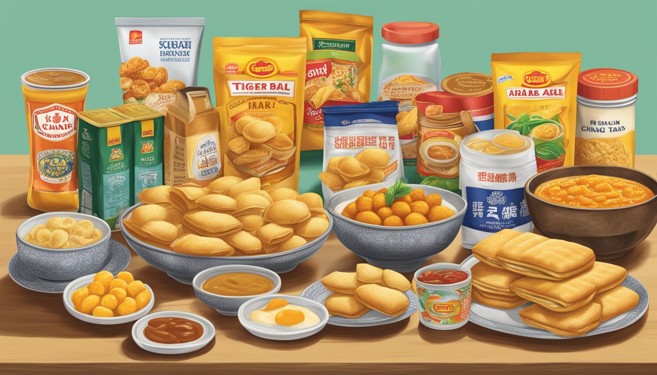 A table filled with iconic Singapore snack brands, including Tiger Balm, Ya Kun Kaya Toast, and Old Chang Kee curry puffs