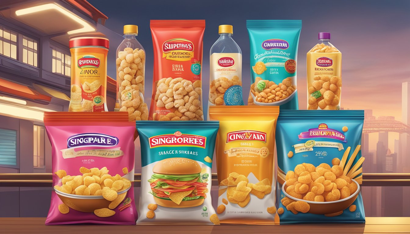 A colorful display of iconic Singaporean snack brands with a modern twist, showcasing traditional flavors in a contemporary setting
