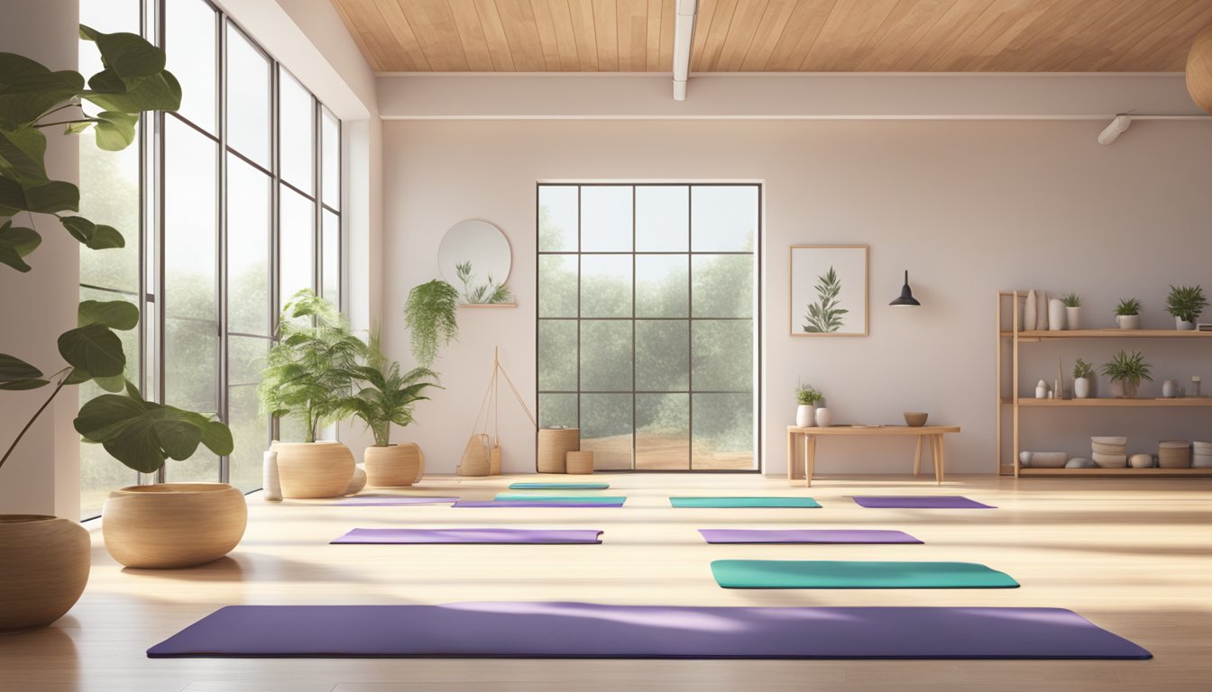 A sleek, modern yoga studio with minimalist decor and innovative equipment. Bright, natural lighting floods the space, creating an inviting and inspiring atmosphere for practitioners