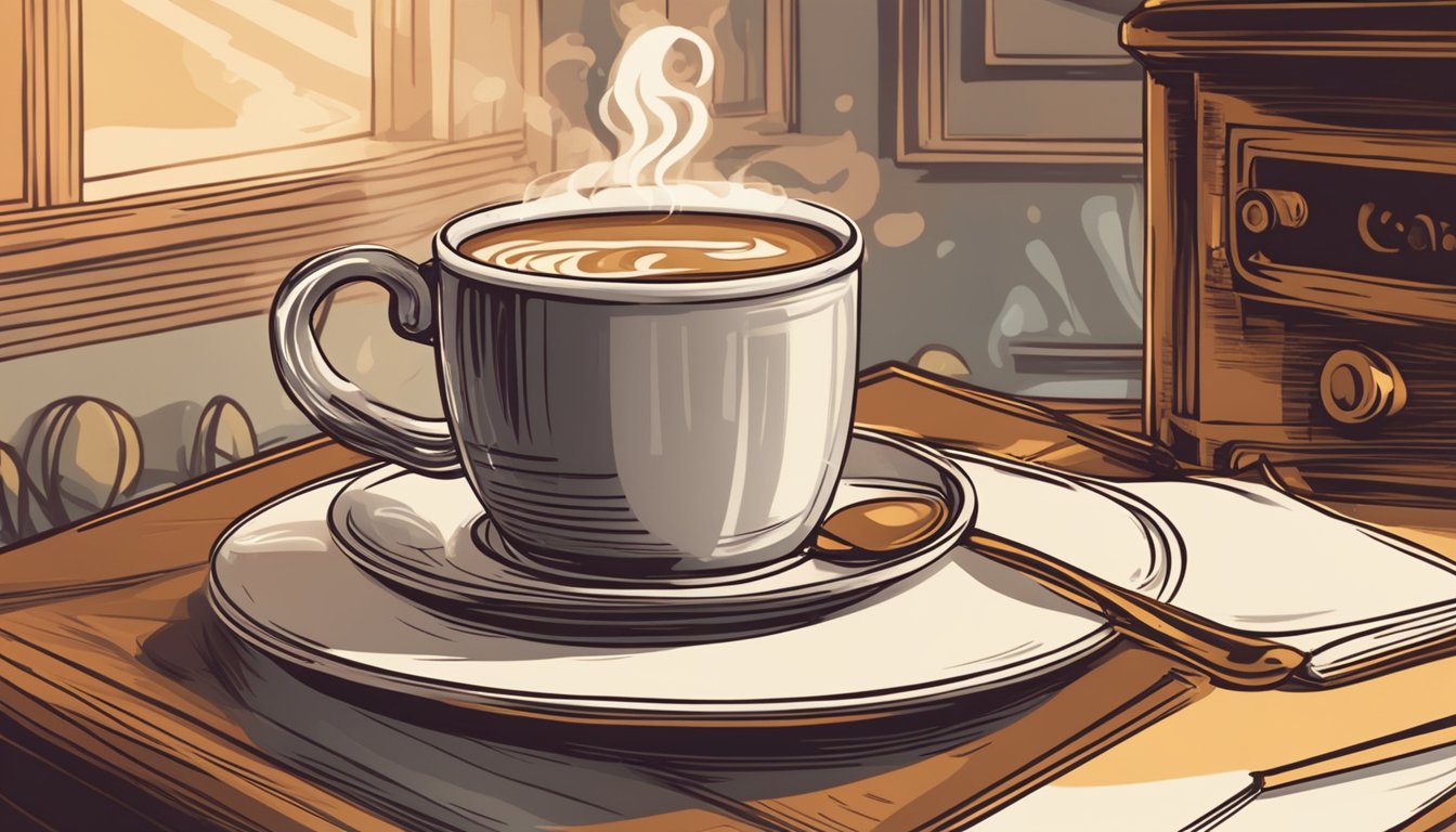 Steam rises from a freshly brewed cup of Belgian coffee, as the rich aroma fills the air. A cozy setting with a warm color palette and a sense of relaxation and indulgence