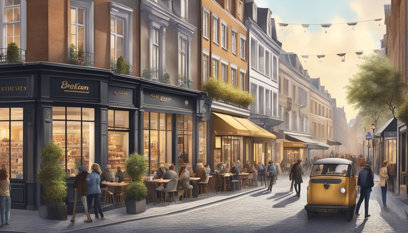 A bustling street lined with trendy cafes and shops, showcasing the expansion of Belgian coffee brands in the retail market
