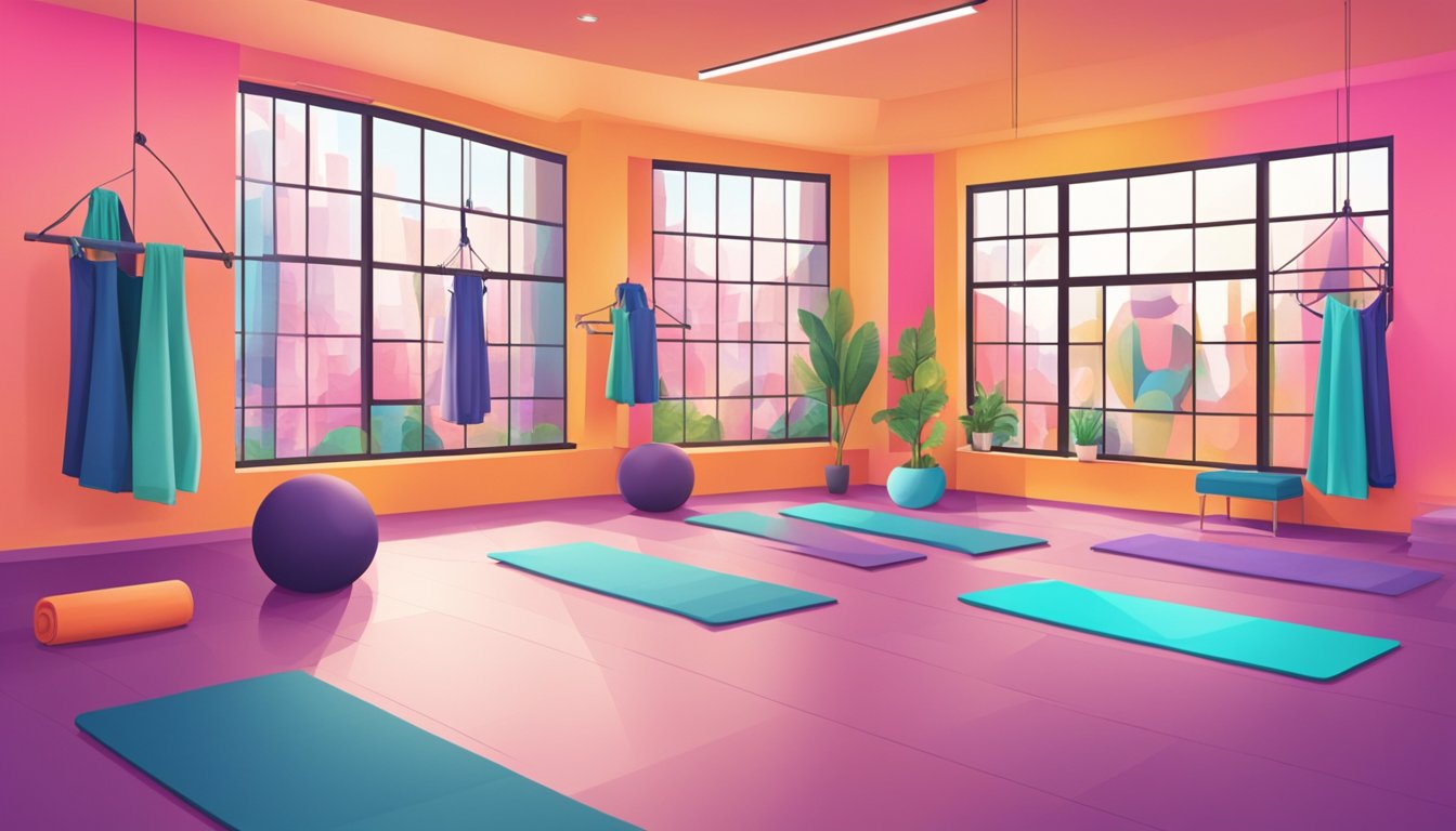 A vibrant yoga studio with trendy athleisure brands on display. Bright colors and sleek designs create an inviting atmosphere for fitness enthusiasts