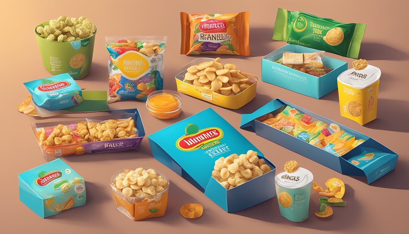 A variety of unique snack packages from Singapore brands arranged on a modern table setting with vibrant colors and sleek designs