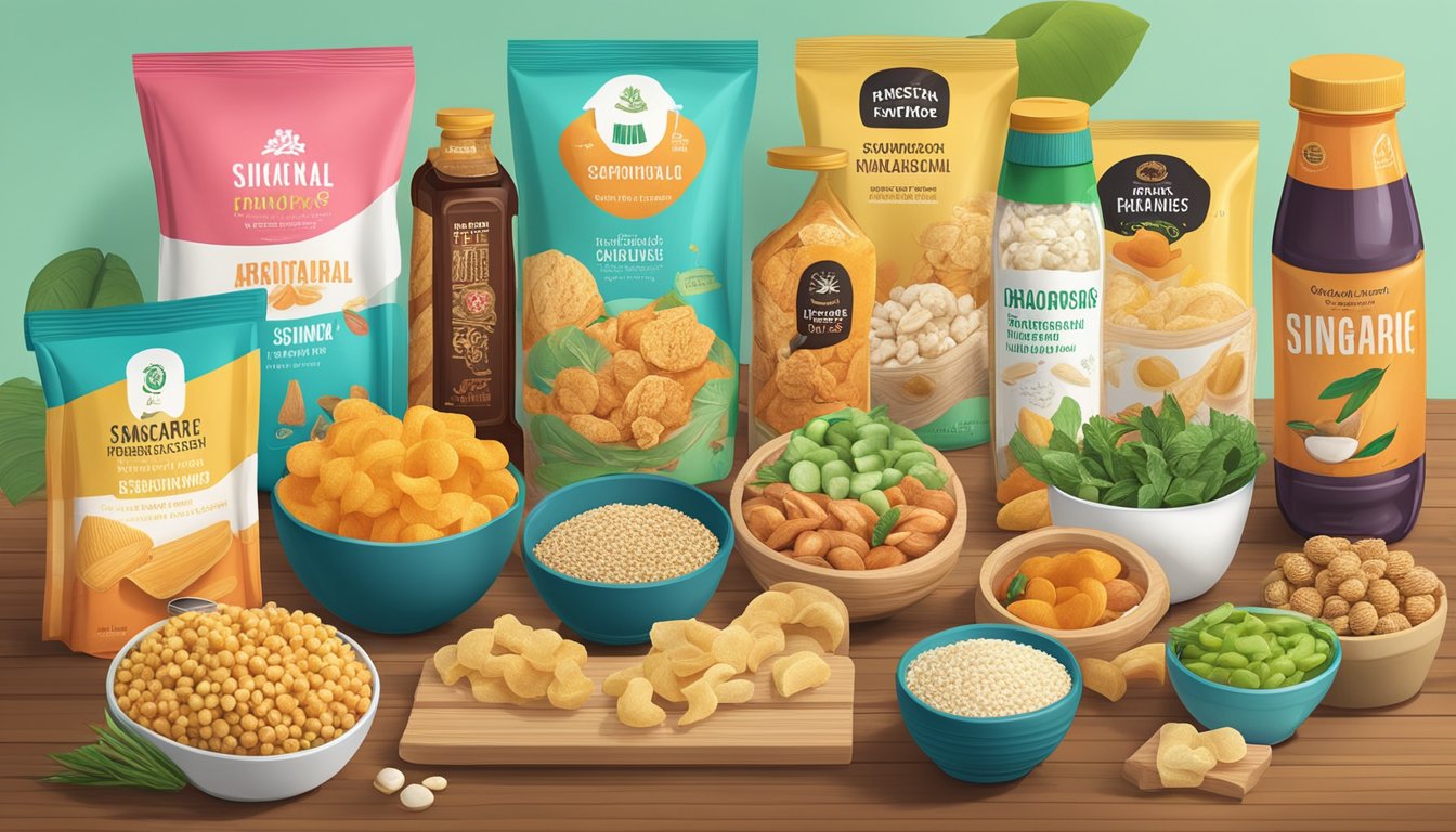 A display of health-conscious and artisanal Singapore snack brands arranged on a wooden table with vibrant packaging and fresh ingredients