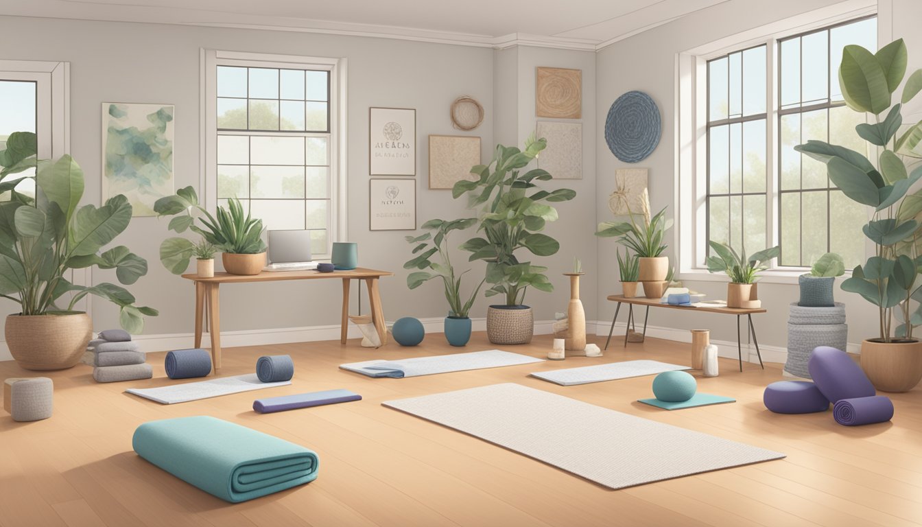 Various yoga props and equipment scattered around a serene studio space with a sign reading "Frequently Asked Questions beyond yoga brands"