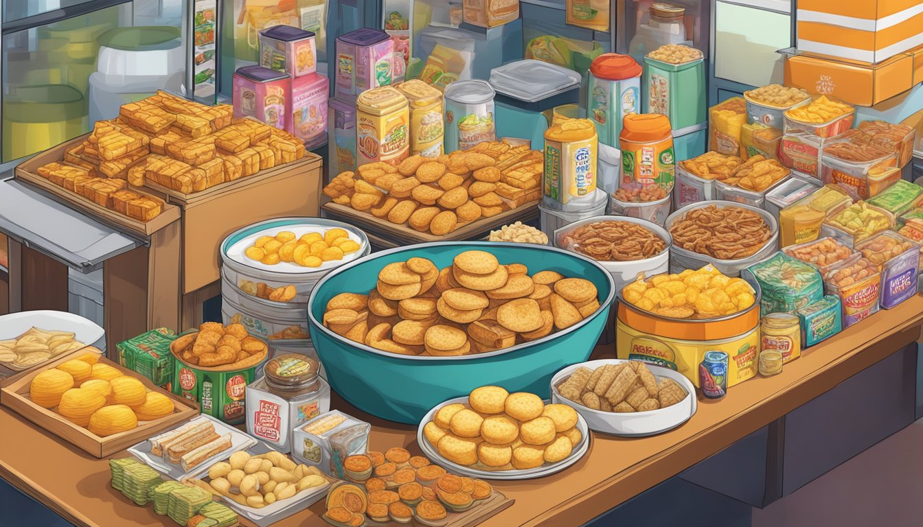 A table filled with iconic Singaporean snack brands, from kaya toast to pineapple tarts, surrounded by bustling hawker stalls and colorful packaging