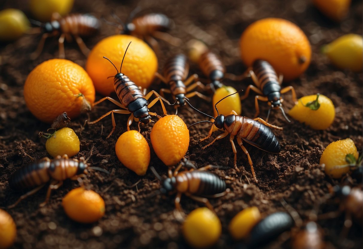 Earwigs swarm away from pungent citrus peels scattered on damp soil