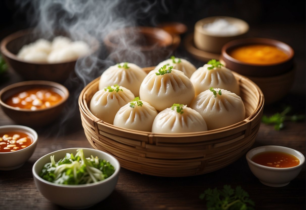 A steaming bamboo basket filled with freshly steamed Chinese bao, fluffy and golden, surrounded by small dishes of dipping sauce