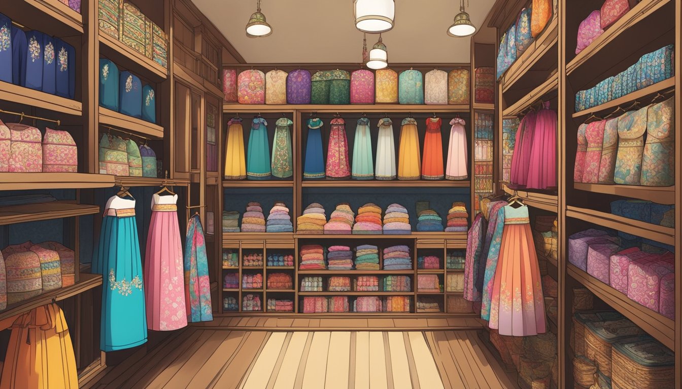 Colorful hanbok brands displayed on shelves in a traditional Korean market. Rich fabrics and intricate designs catch the eye