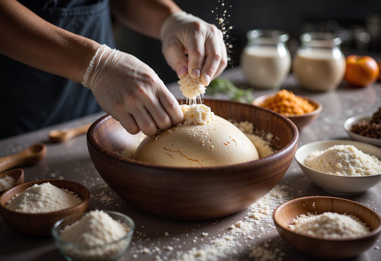 A pair of hands kneading bao dough in a bowl, surrounded by flour and other ingredients on a clean kitchen counter