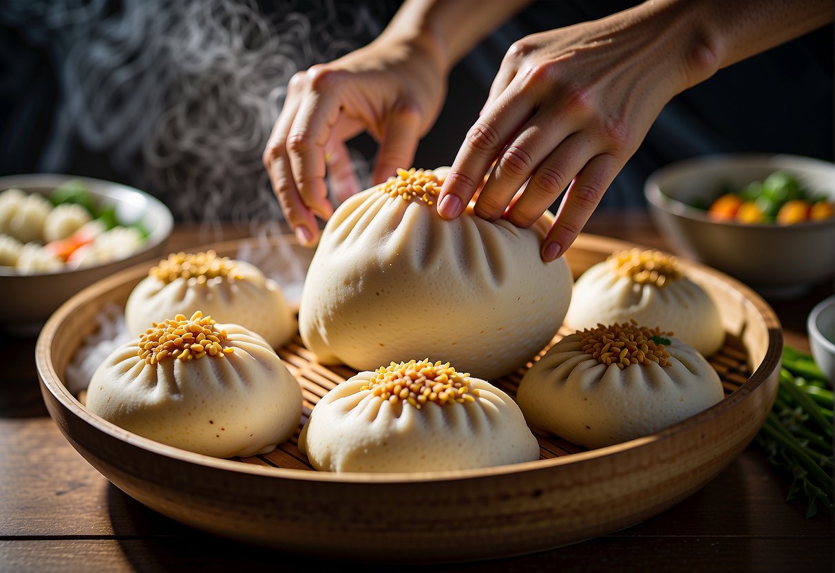 A pair of hands kneading dough, filling it with savory pork and folding into perfect bao shapes. Steam rises from the bamboo steamer as the bao cook to perfection