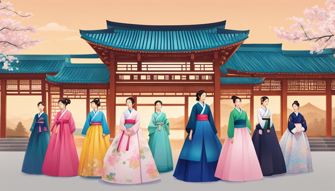 A vibrant display of modern hanbok brands, featuring bold colors and contemporary designs, set against a backdrop of traditional Korean architecture
