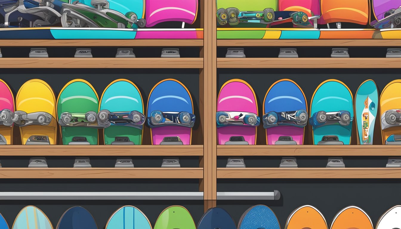 A colorful display of skateboard brands arranged on a store shelf