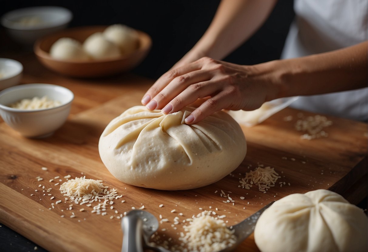 Hands shaping dough into round bao, then wrapping around savory filling. Ingredients and utensils scattered around workspace