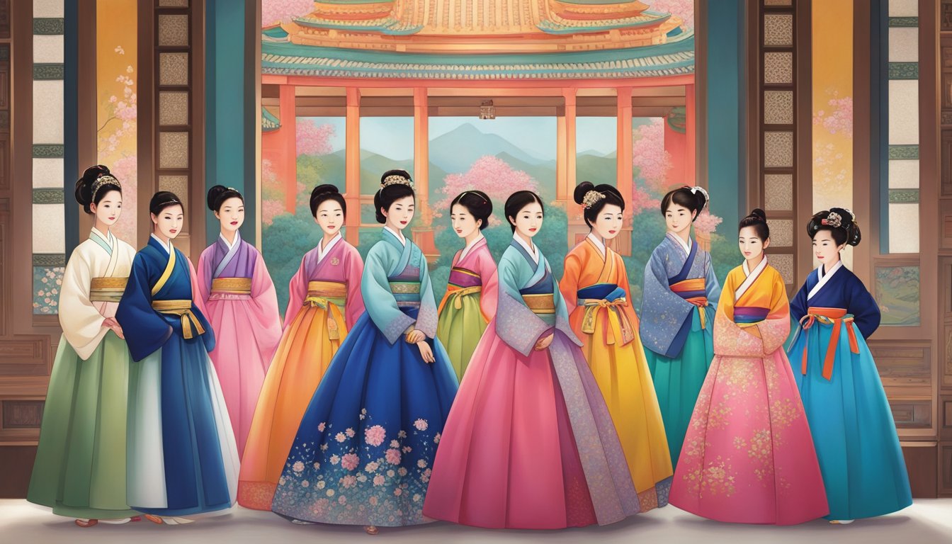 Vibrant display of iconic Hanbok brands and designs showcased in a modern gallery setting. Rich colors and intricate details highlight the beauty of traditional Korean attire