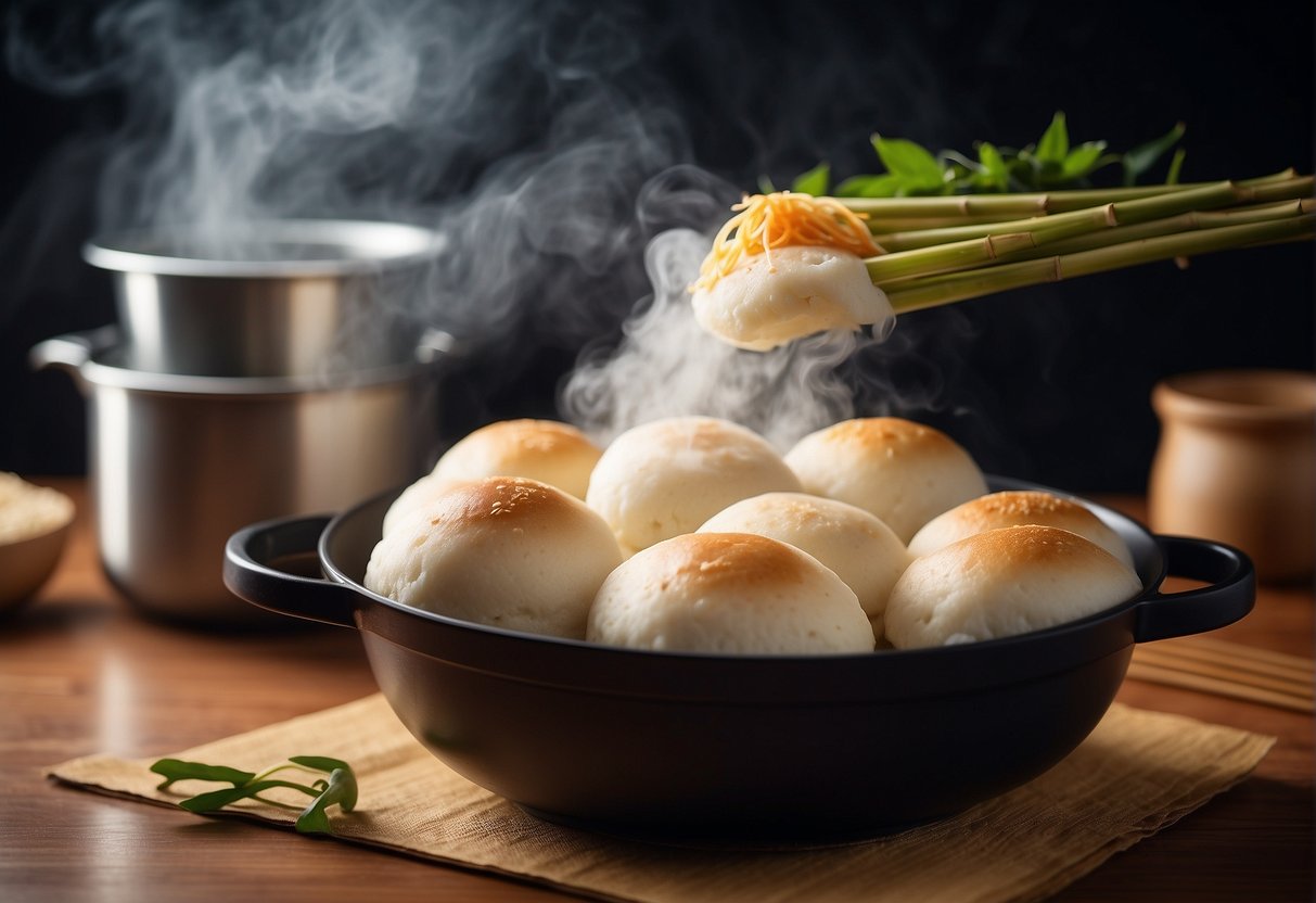 Steam rises from a bamboo steamer filled with freshly made Chinese bao. The buns are neatly arranged and stored in the steamer, ready to be served