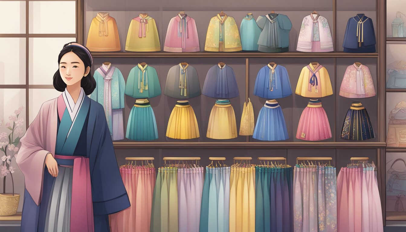A person wearing modern hanbok stands in front of a display of various hanbok brands