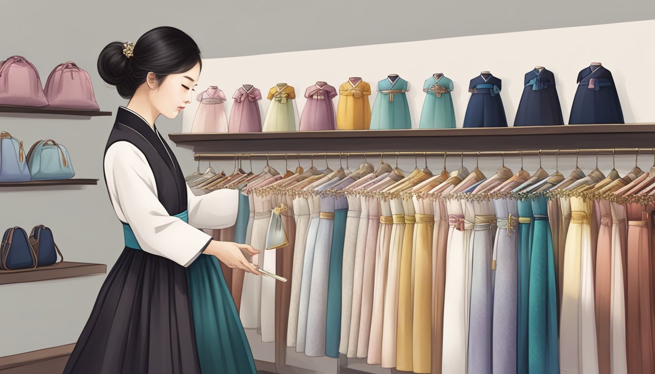 A customer selecting and purchasing a traditional Hanbok from various brands, then carefully caring for the delicate fabric at home