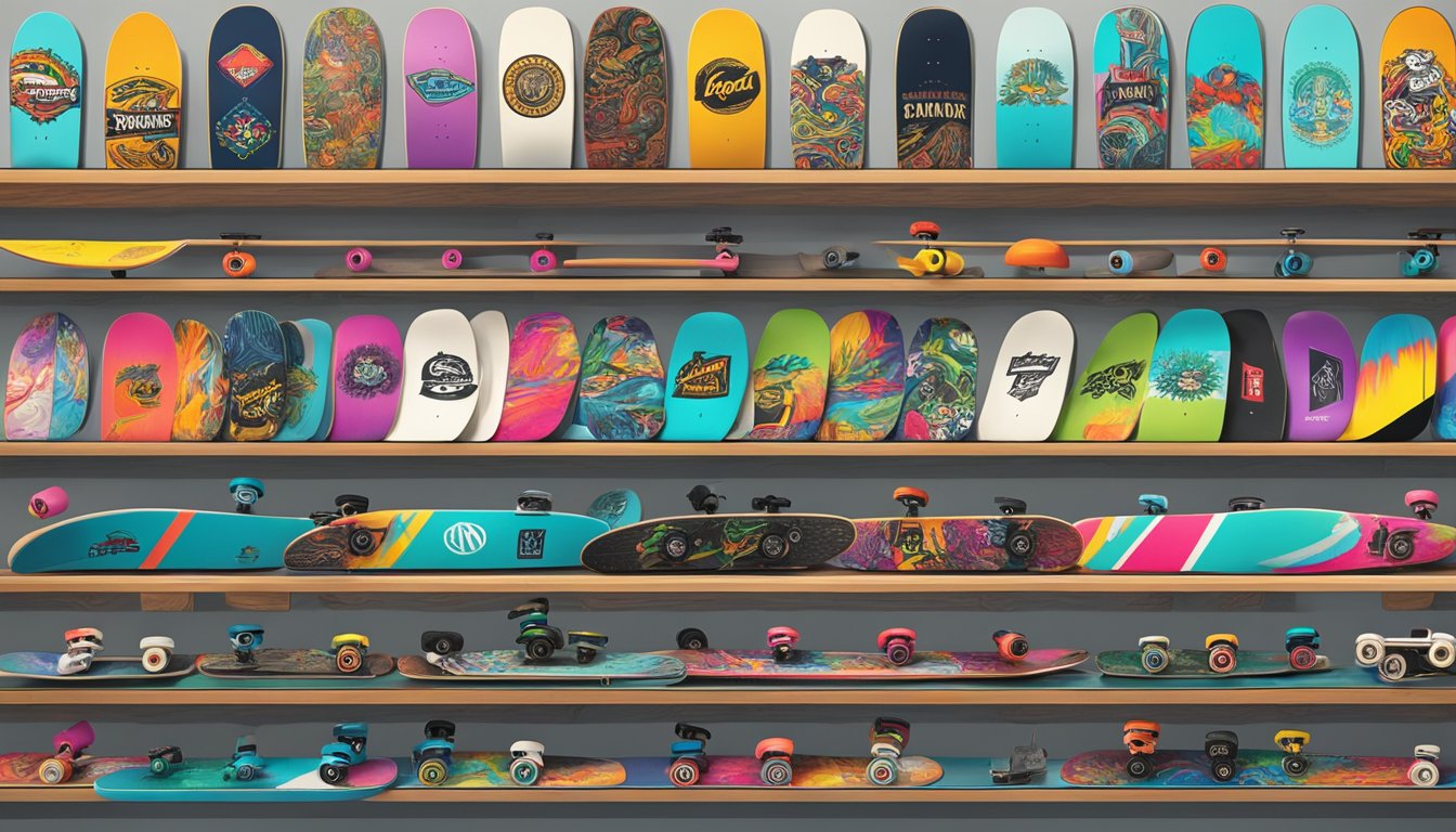 A display of top skateboard brands arranged on a shelf, featuring colorful decks with bold logos and designs