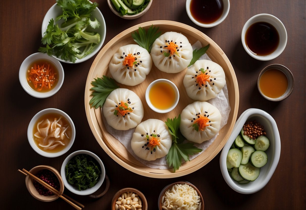 A bamboo steamer filled with freshly steamed Chinese bao, surrounded by small dishes of dipping sauces and garnishes