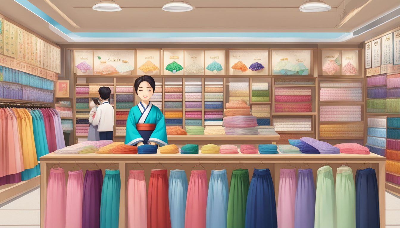 A colorful display of hanbok brands with labels and prices, surrounded by curious customers and a helpful salesperson
