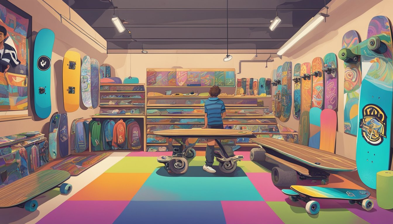 A skateboard shop filled with colorful decks, wheels, and stickers. Posters of pro skaters line the walls, while a group of friends hang out, sharing stories of their latest tricks and adventures