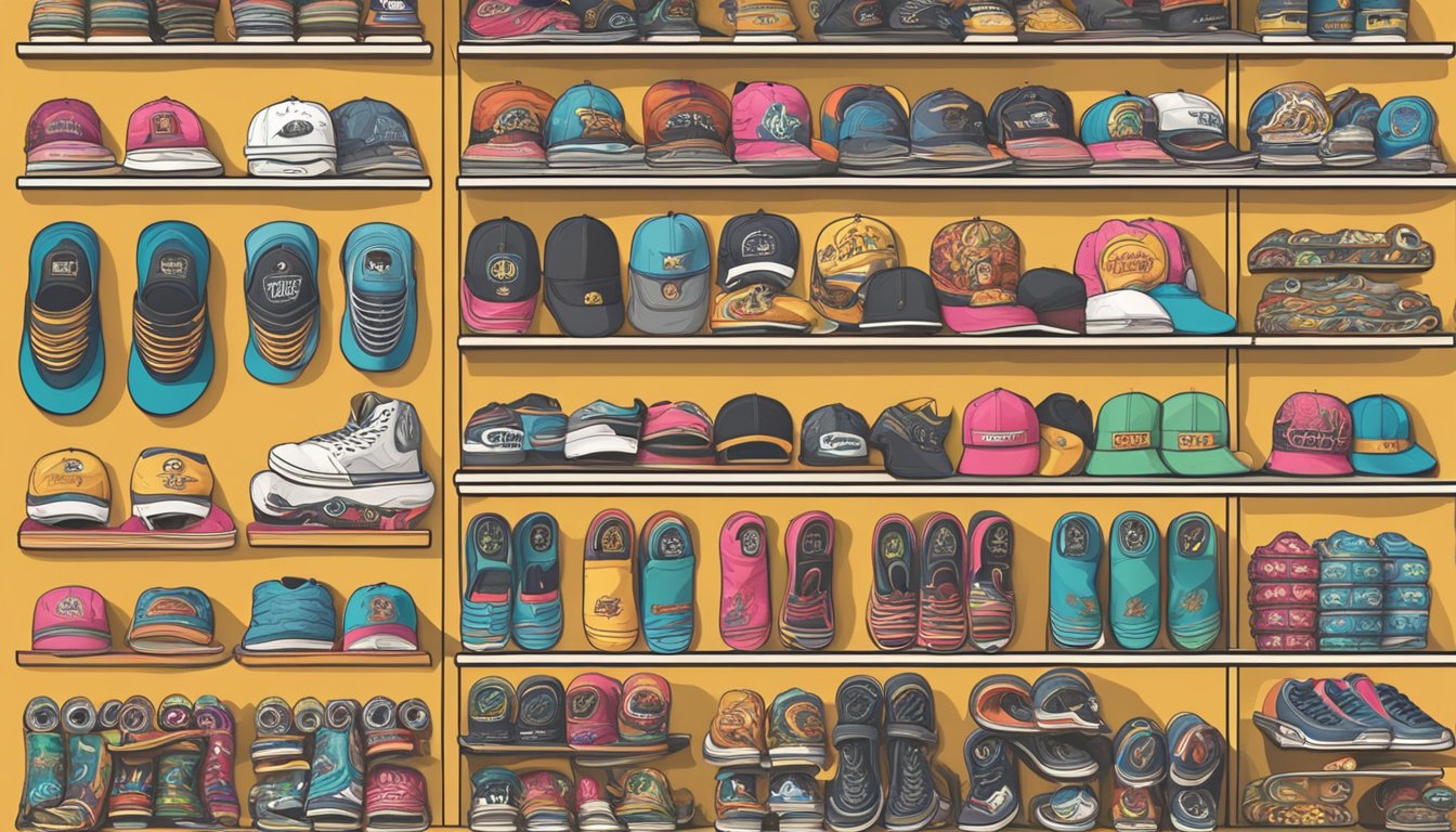 A collection of popular skateboard brands' logos and products displayed on shelves in a skate shop