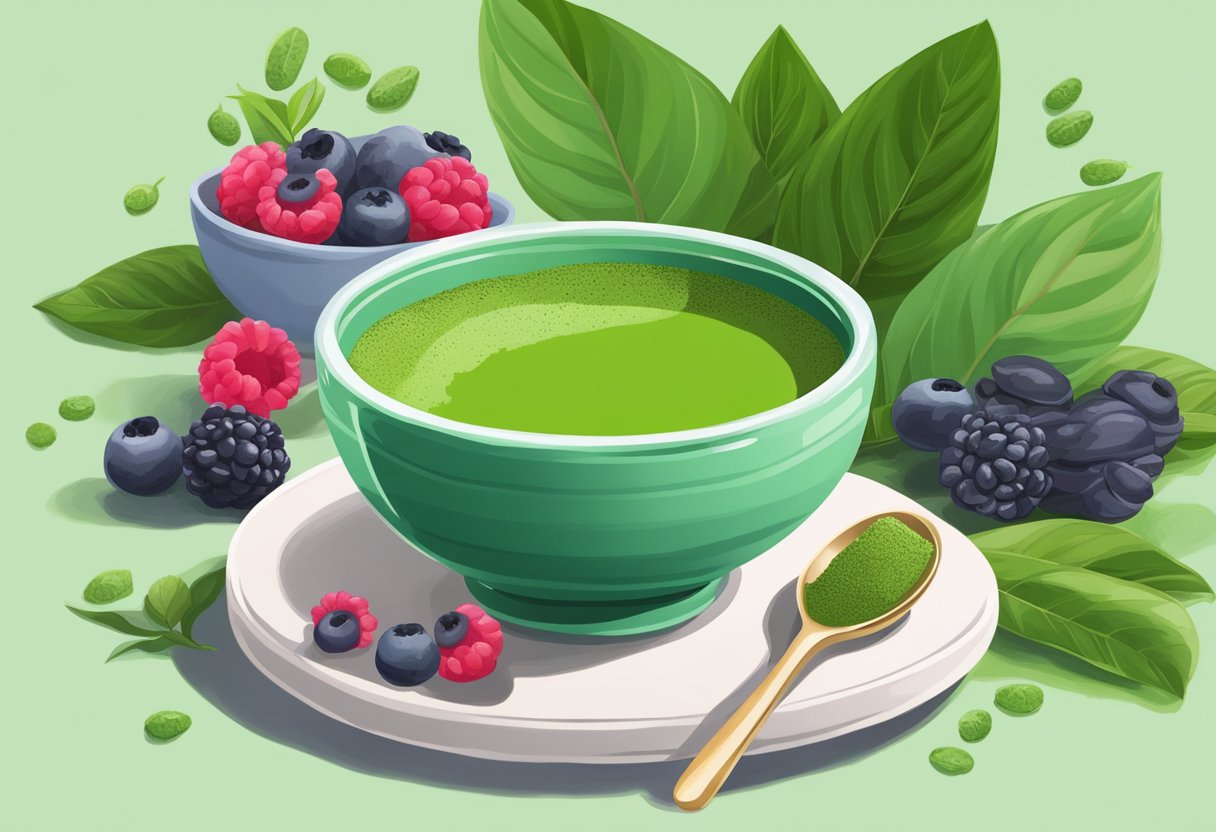 A vibrant green matcha powder sits in a bowl, surrounded by fresh green tea leaves, and a small plate of antioxidant-rich berries